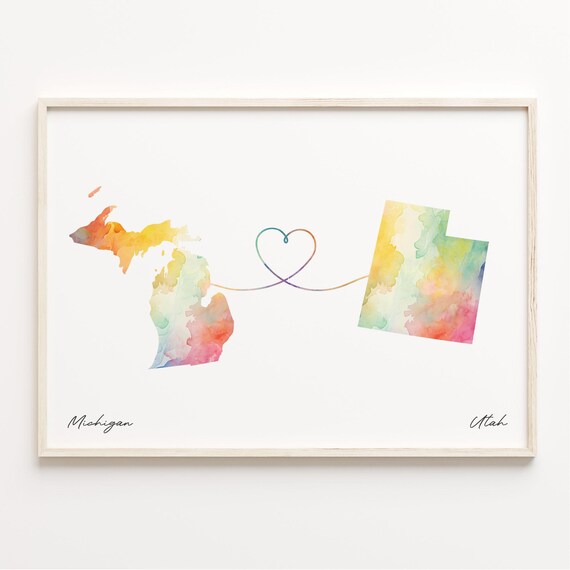 Michigan to Utah Watercolor Map Heart Long Distance Love Poster