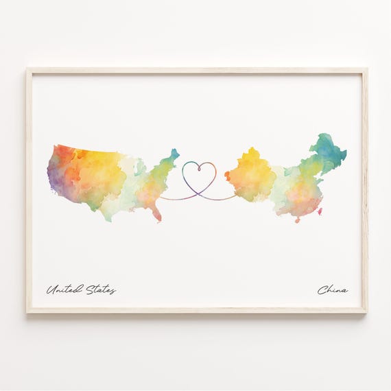 Us To China Watercolor Map Art Print