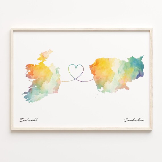 Ireland To Cambodia Watercolor Heart Map Long Distance Love Poster