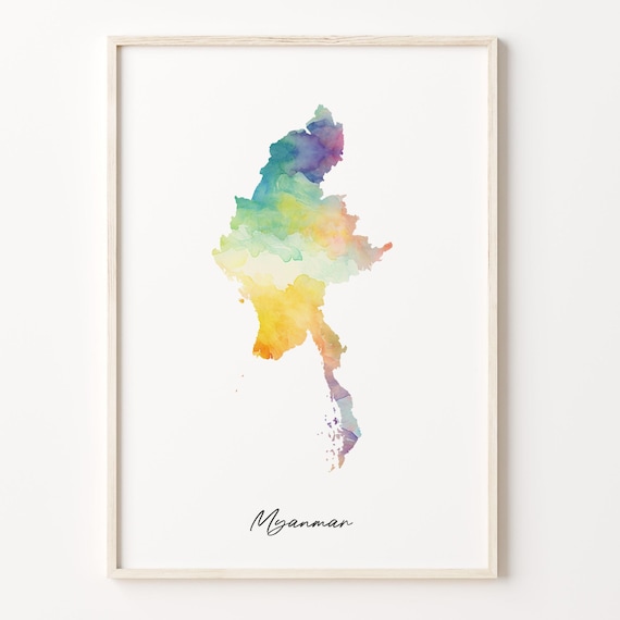 Myanmar Watercolor Country Map Minimalist Rainbow Art Poster