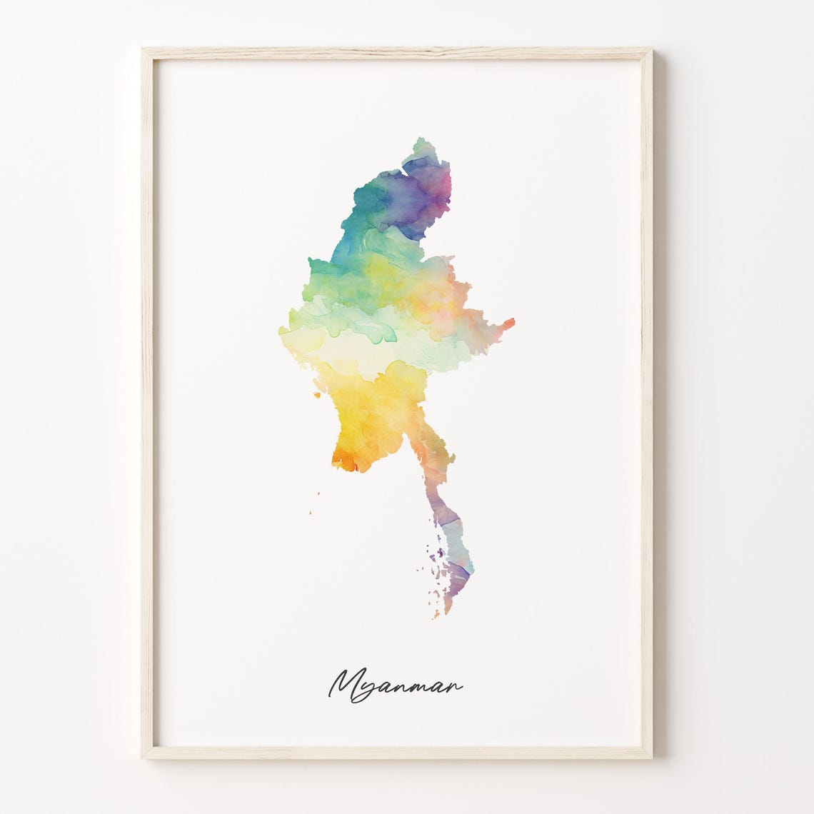 Myanmar Watercolor Country Map Minimalist Rainbow Art Poster