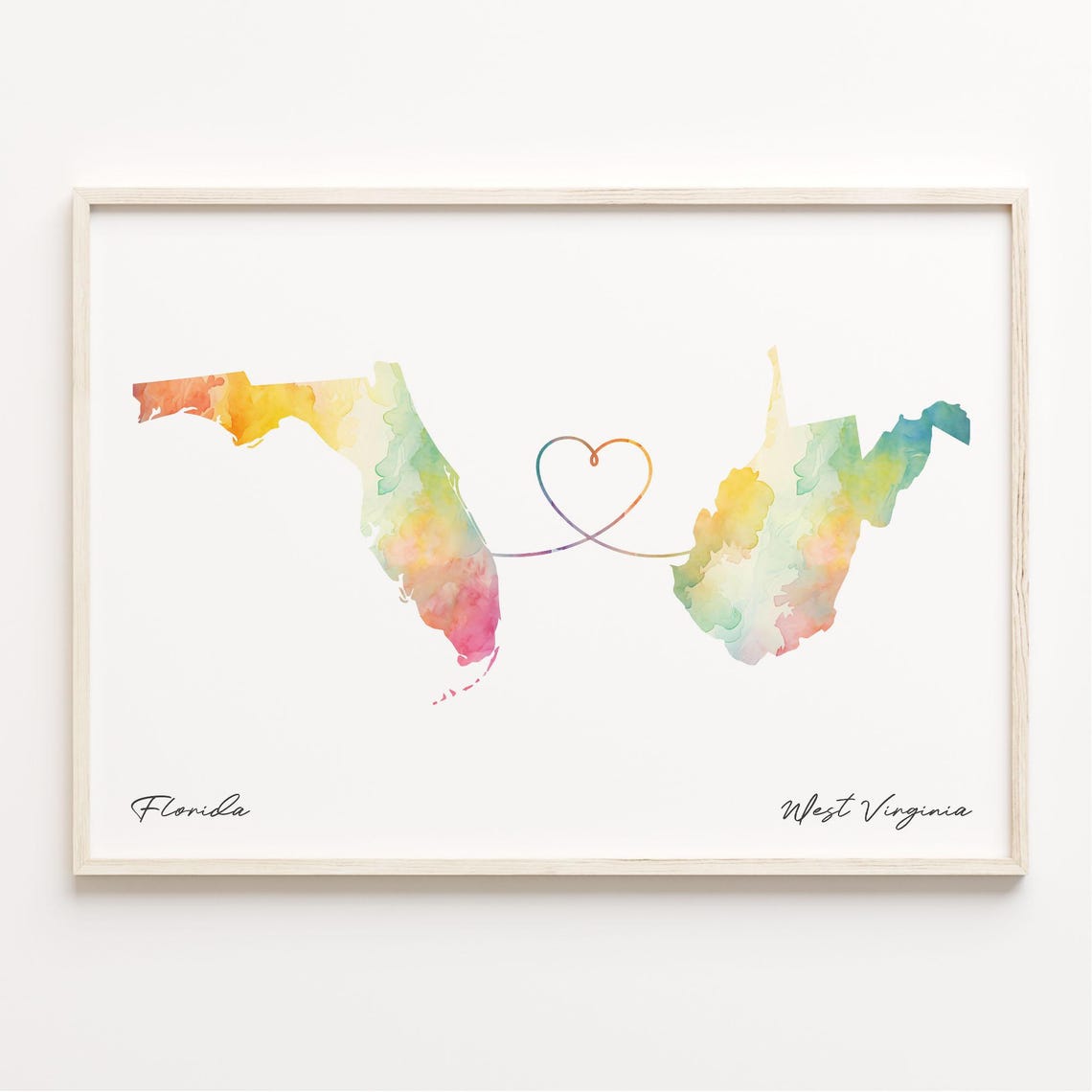 Florida and West Virginia Watercolor Map Heart Long Distance Print