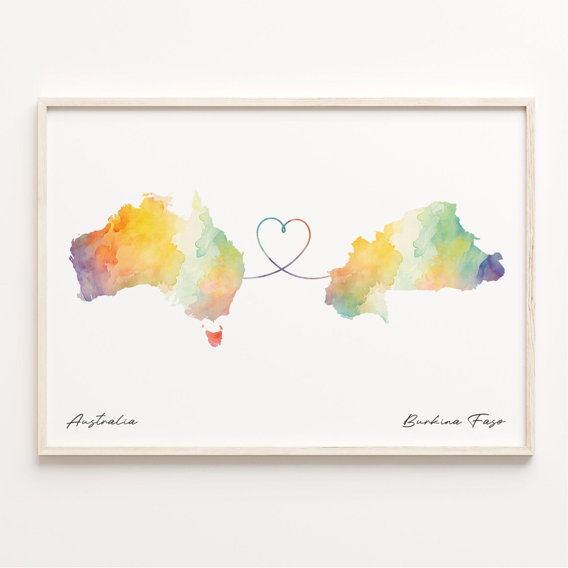 Australia To Burkina Faso Watercolor Heart Map Long Distance Gift Poster