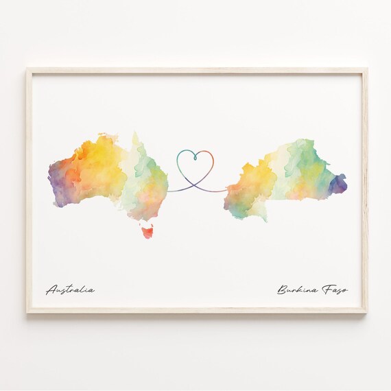 Australia To Burkina Faso Watercolor Heart Map Long Distance Gift Poster