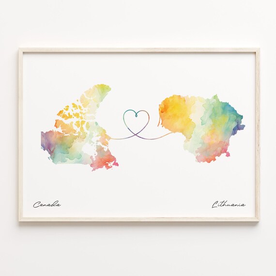 Canada To Lithuania Watercolor Map Linked By A Heart Line Poster