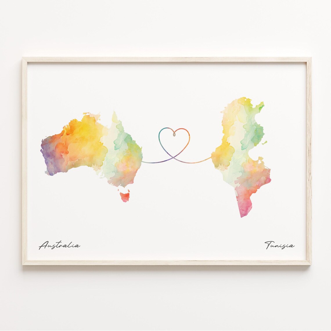 Australia to Tunisia Watercolor Map Heart Connection Travel Poster