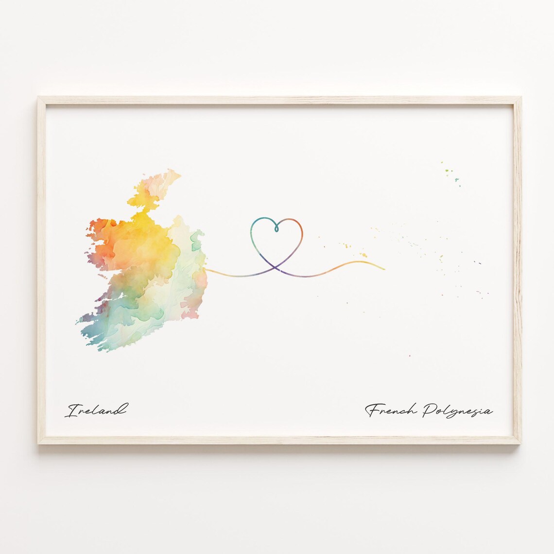 Ireland To French Polynesia Watercolor Map Heart Line Poster