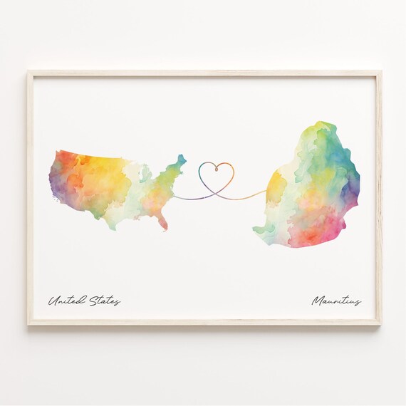 United States to Mauritius Watercolor Map Heart Connection Poster
