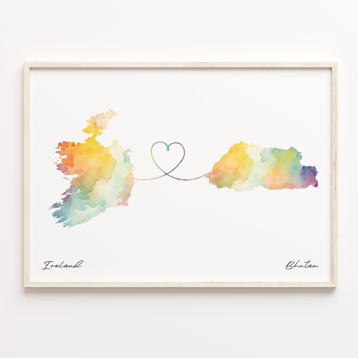 Ireland To Bhutan Watercolor Heart Map Long Distance Love Poster