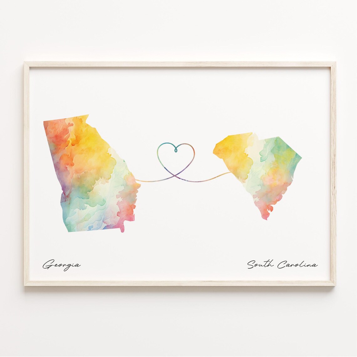 Georgia To South Carolina Watercolor Map Heart Connection Long Distance Love Print