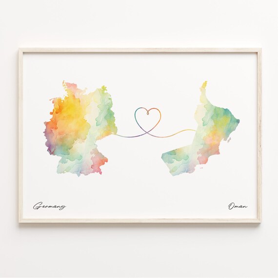 Germany to Oman Watercolor Map Poster with Heartfelt Connection
