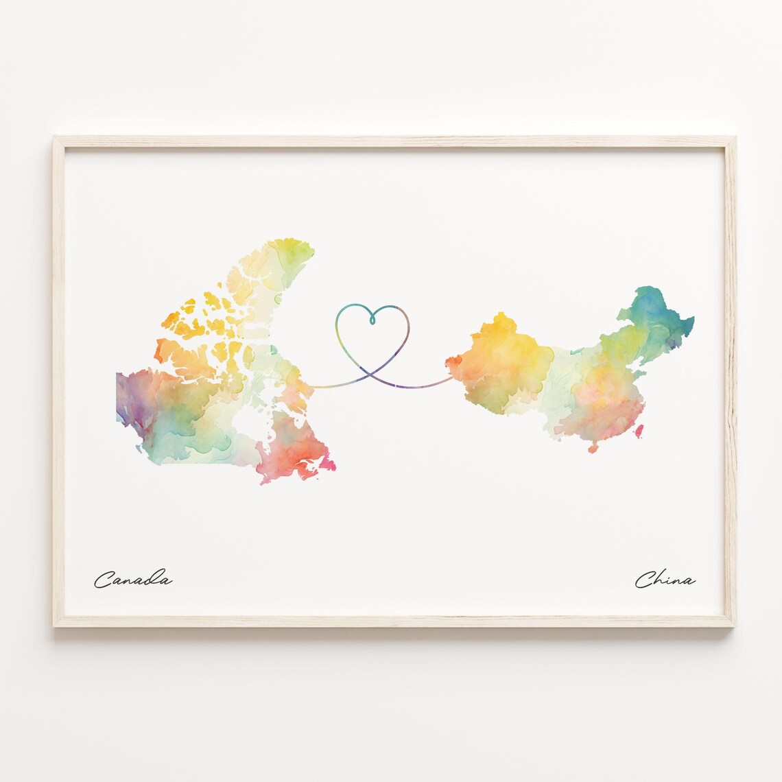 Canada To China Watercolor Map Heart Long Distance Love Poster