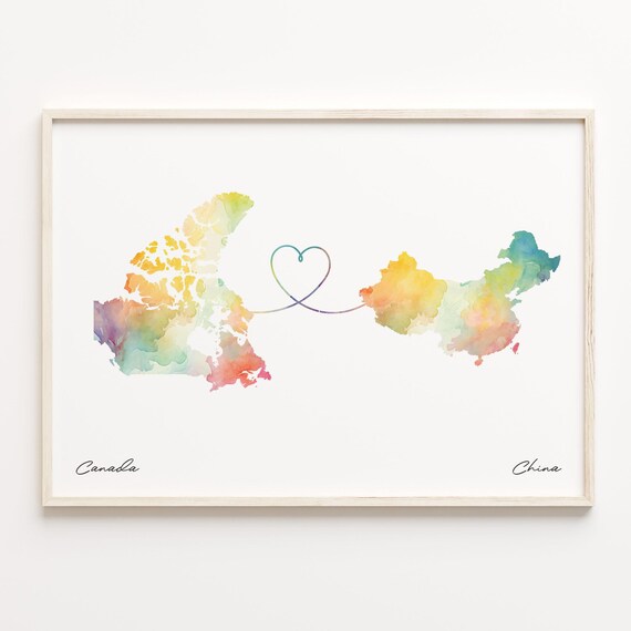 Canada To China Watercolor Map Heart Long Distance Love Poster