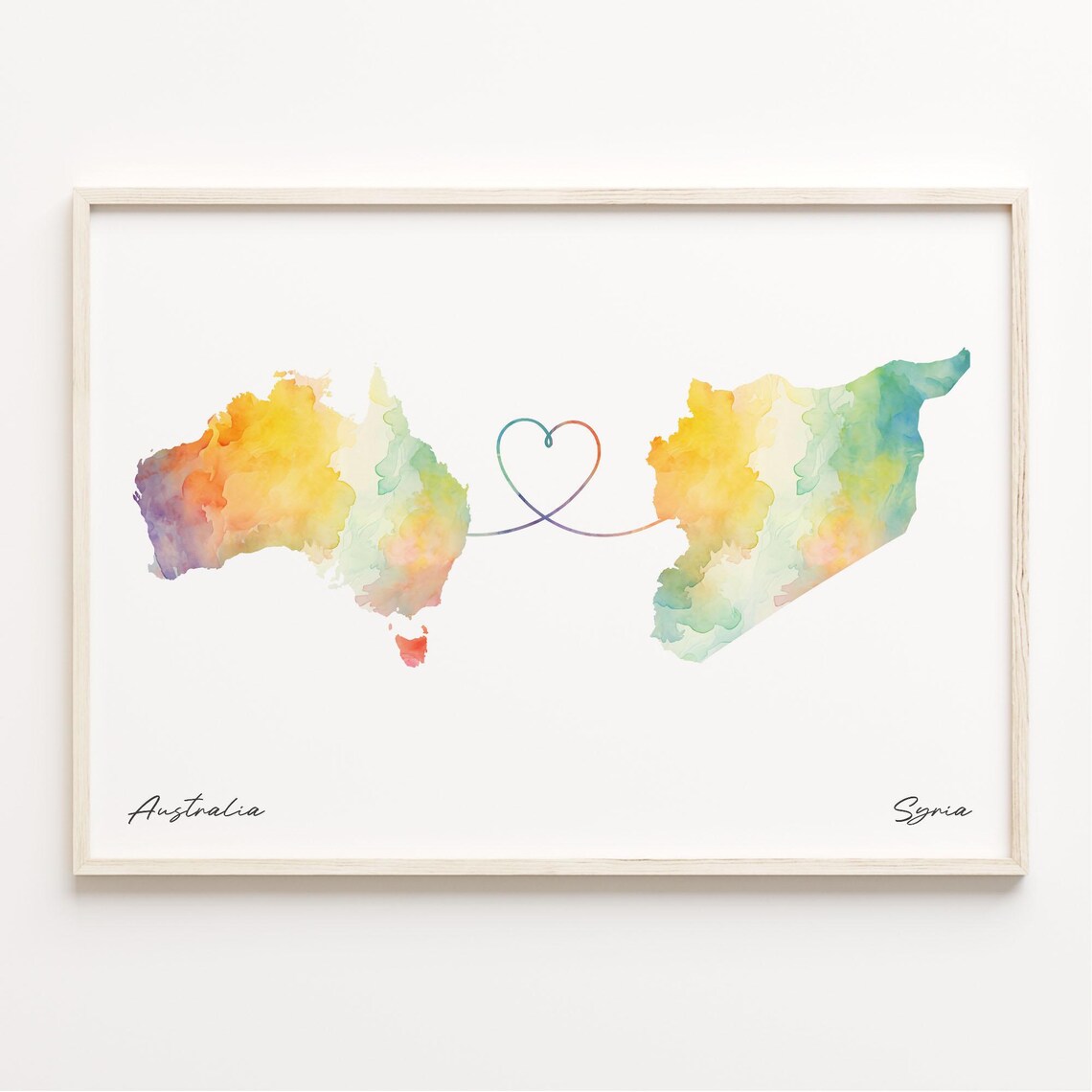 Australia to Syria Watercolor Heart Map Long Distance Love Poster