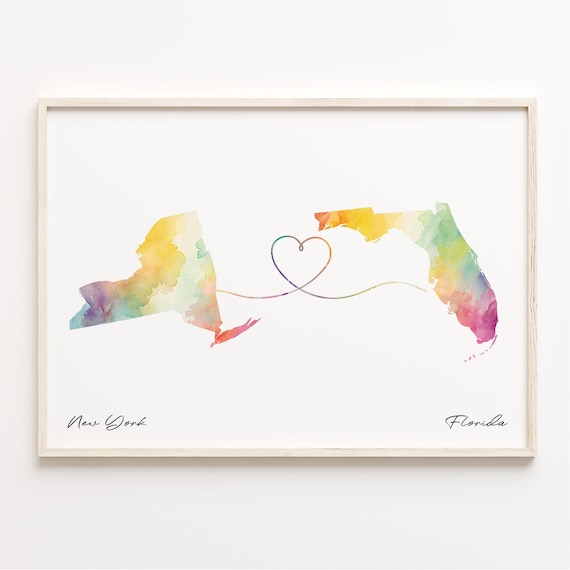 New York To Florida Watercolor State Map Connection Art Print