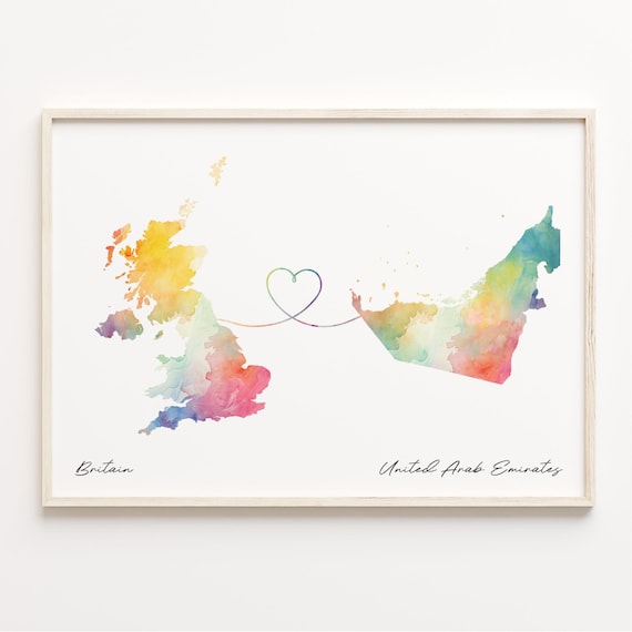 Britain and United Arab Emirates Watercolor Heart Map Poster