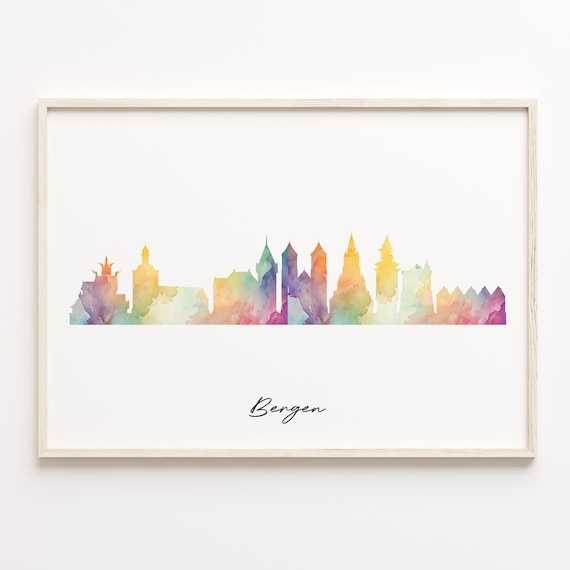 Bergen Norway Watercolor Skyline Cityscape Script Travel Poster