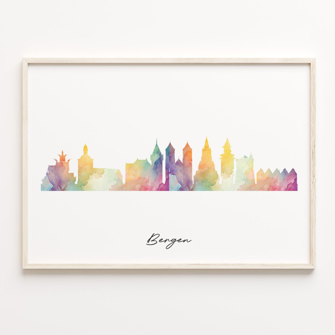 Bergen Norway Watercolor Skyline Cityscape Script Travel Poster