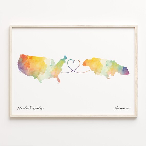 United States To Jamaica Watercolor Heart Connection Map Poster