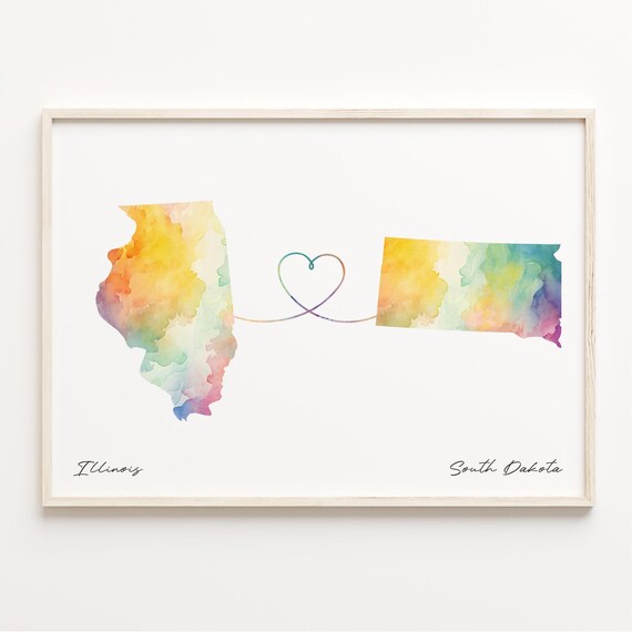 Illinois To South Dakota Long Distance Love Watercolor Map Poster