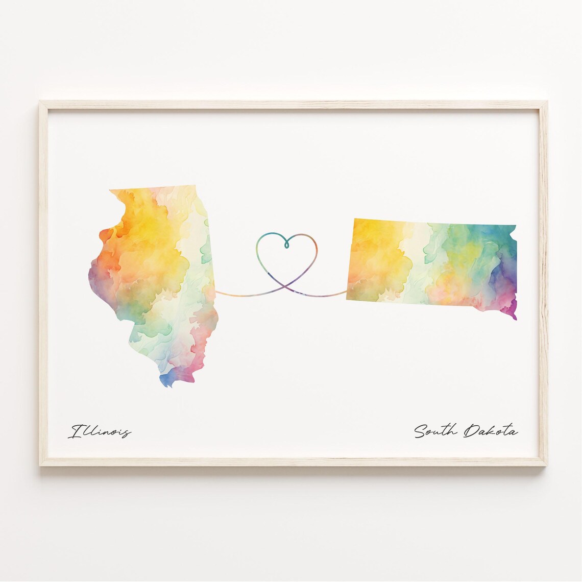 Illinois To South Dakota Long Distance Love Watercolor Map Poster