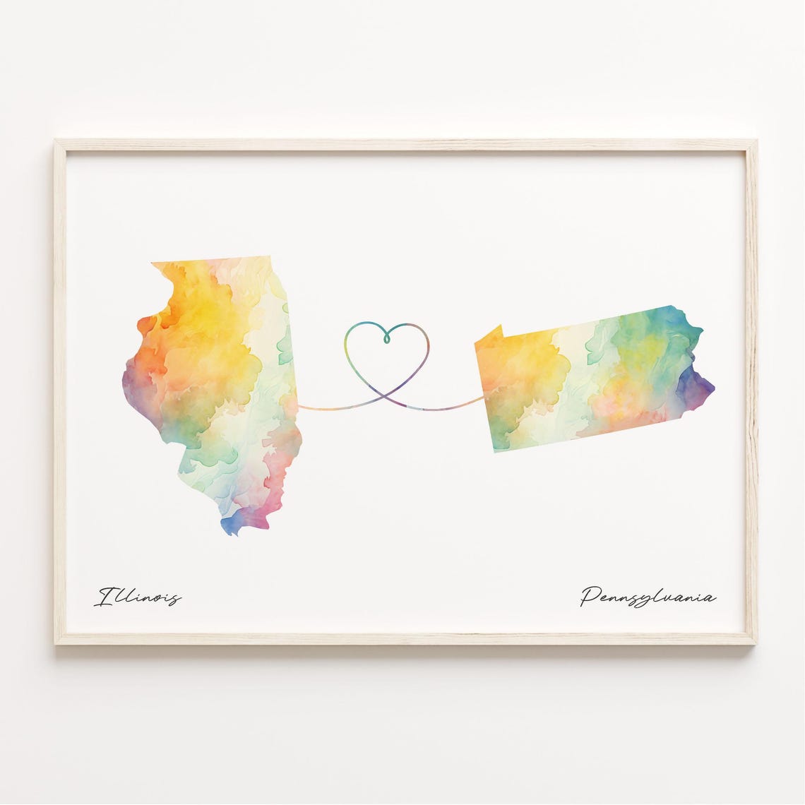 Illinois To Pennsylvania Watercolor Map Heart Long Distance Poster
