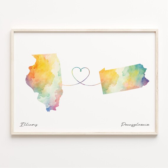 Illinois To Pennsylvania Watercolor Map Heart Long Distance Poster