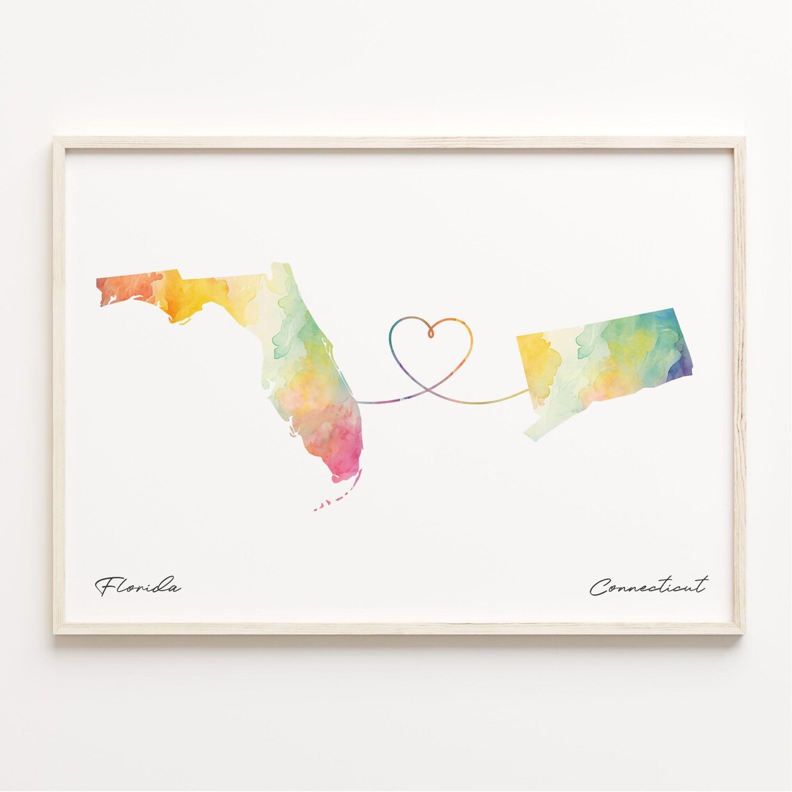 Florida To Connecticut Watercolor Heart Map Long Distance Love Poster