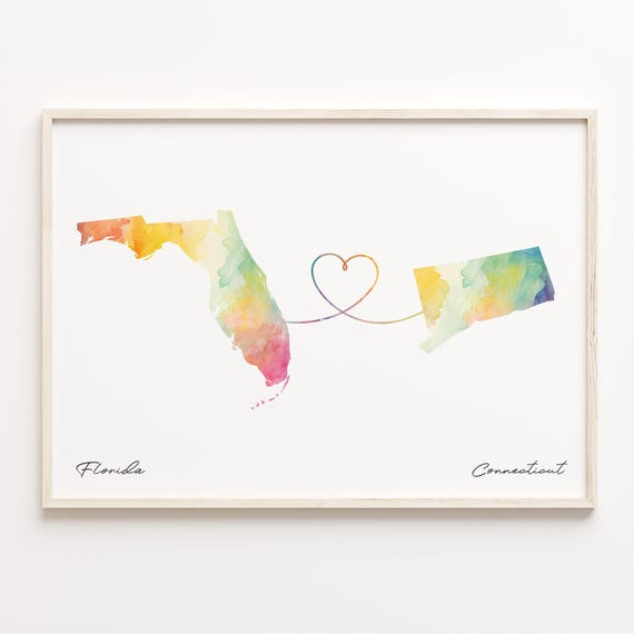 Florida To Connecticut Print Watercolor Map Poster Connecticuter Gift Travel Wall Art Global Love C231305