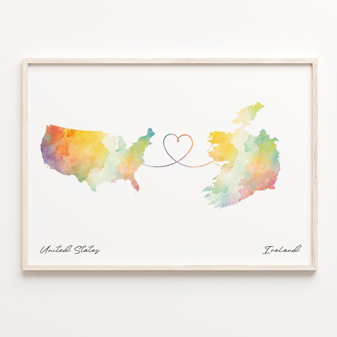 Us To Ireland Watercolor Map Poster, Travel Art Print