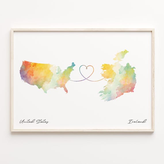Us To Ireland Watercolor Map Poster, Travel Art Print