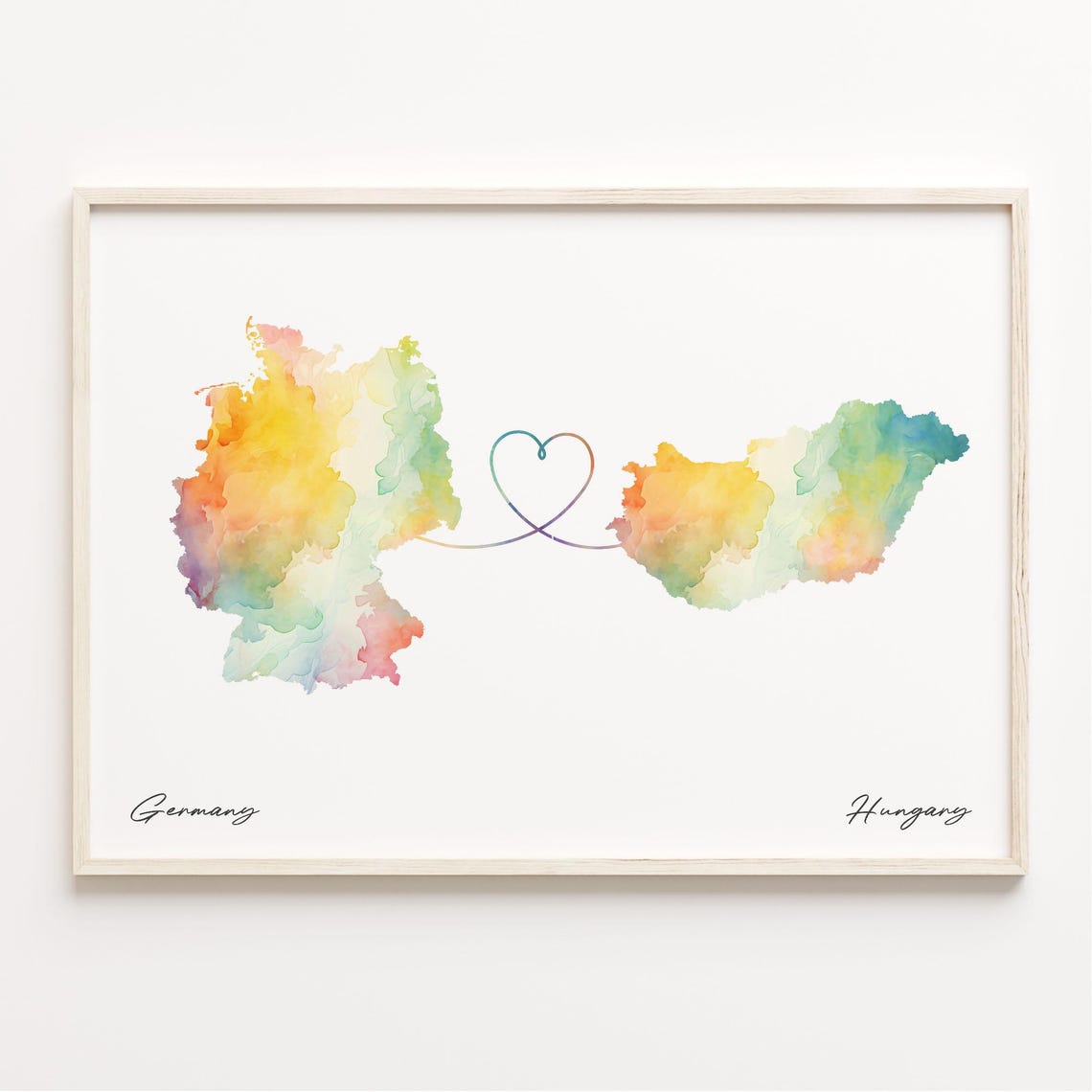 Germany To Hungary Watercolor Heart Map Love Connection Poster