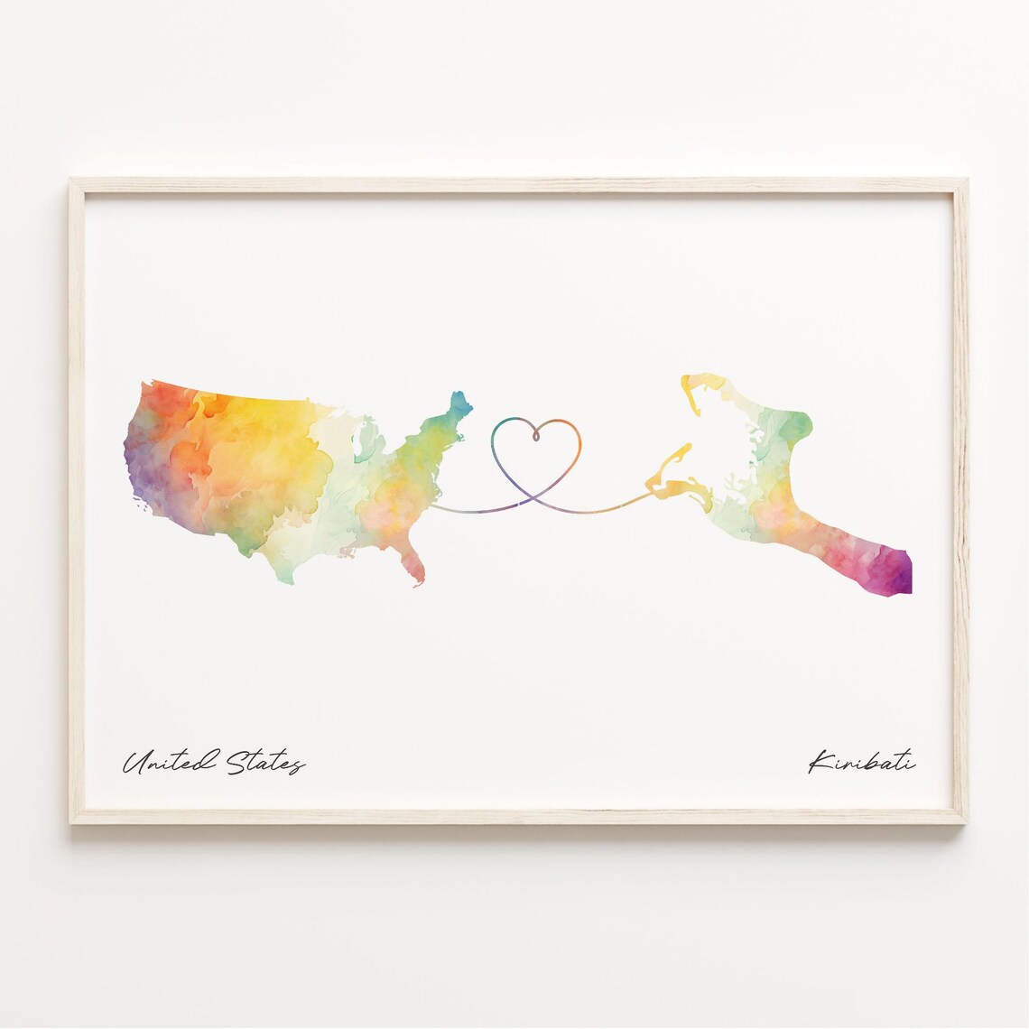 United States To Kiribati Watercolor Map Heart Long Distance Love Poster