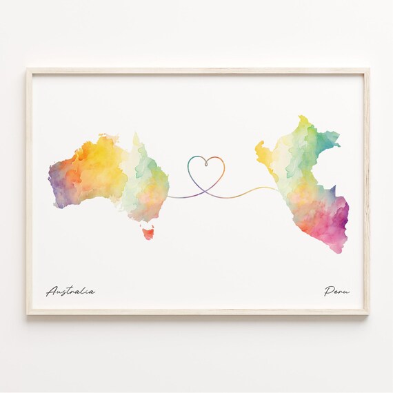 Australia To Peru Watercolor Map Joined By Heart Long Distance Poster