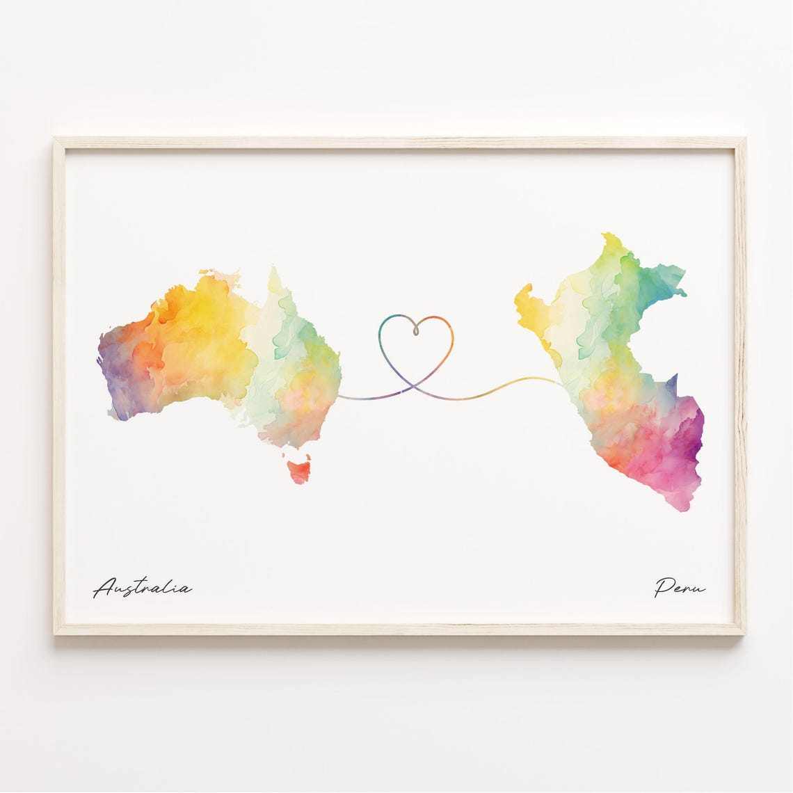 Australia To Peru Watercolor Map Joined By Heart Long Distance Poster