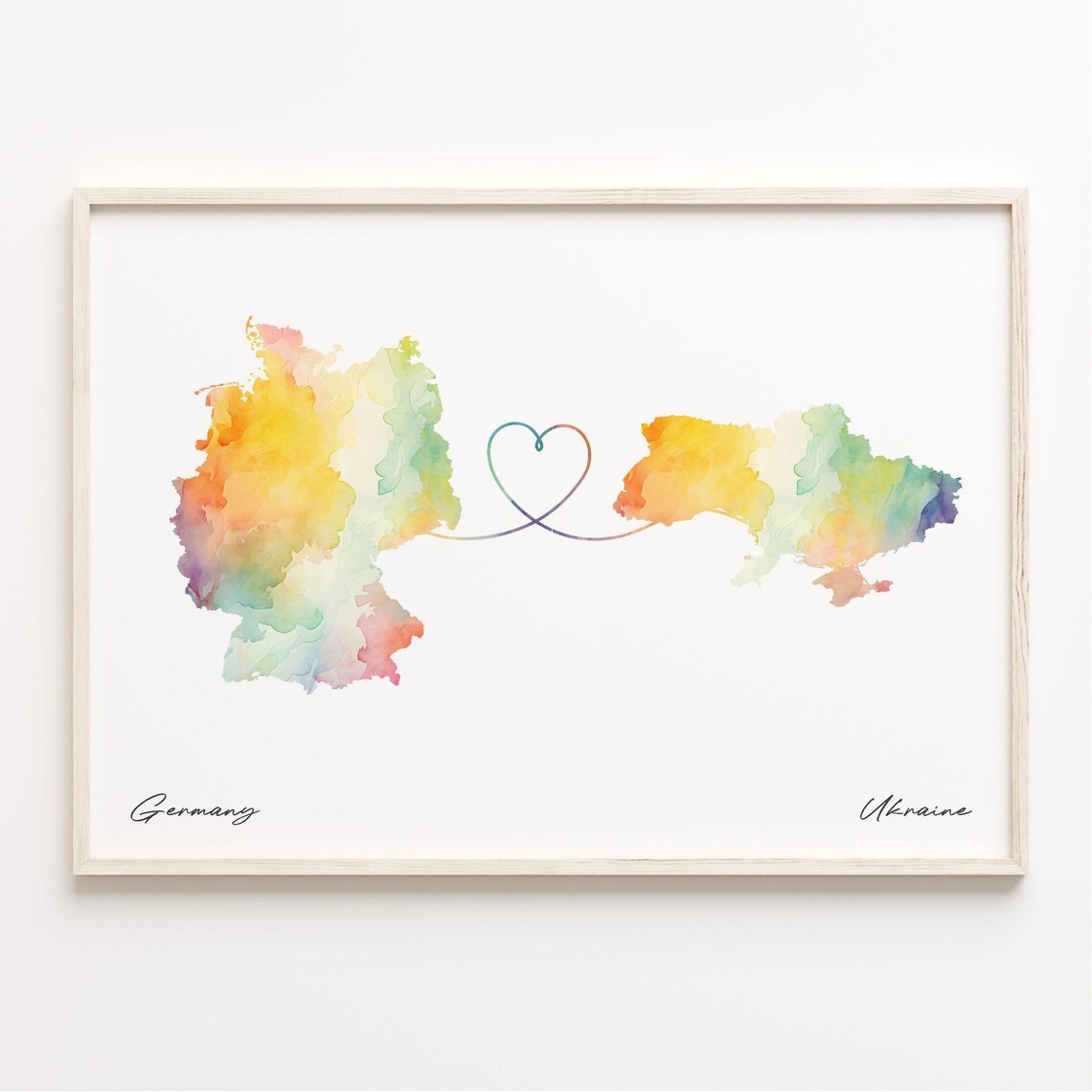 Germany To Ukraine Watercolor Heart Connection Map Art Poster