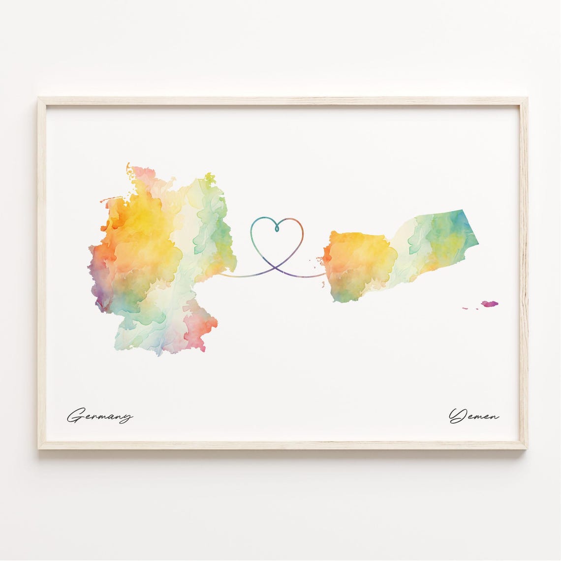 Sweet Germany To Yemen Watercolor Heart Connection Map Gift Print
