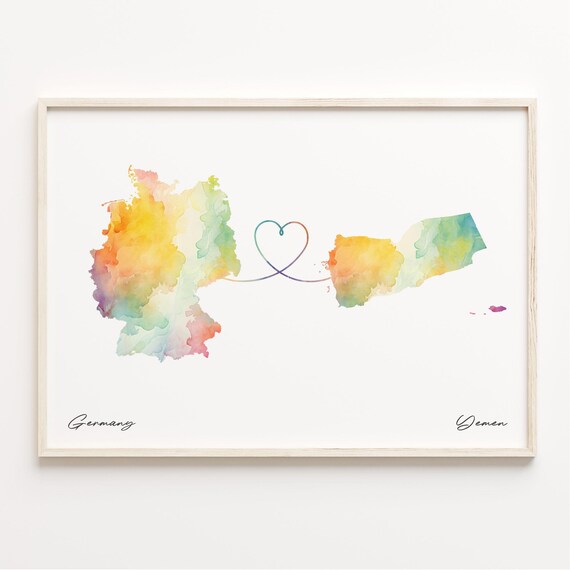 Sweet Germany To Yemen Watercolor Heart Connection Map Gift Print