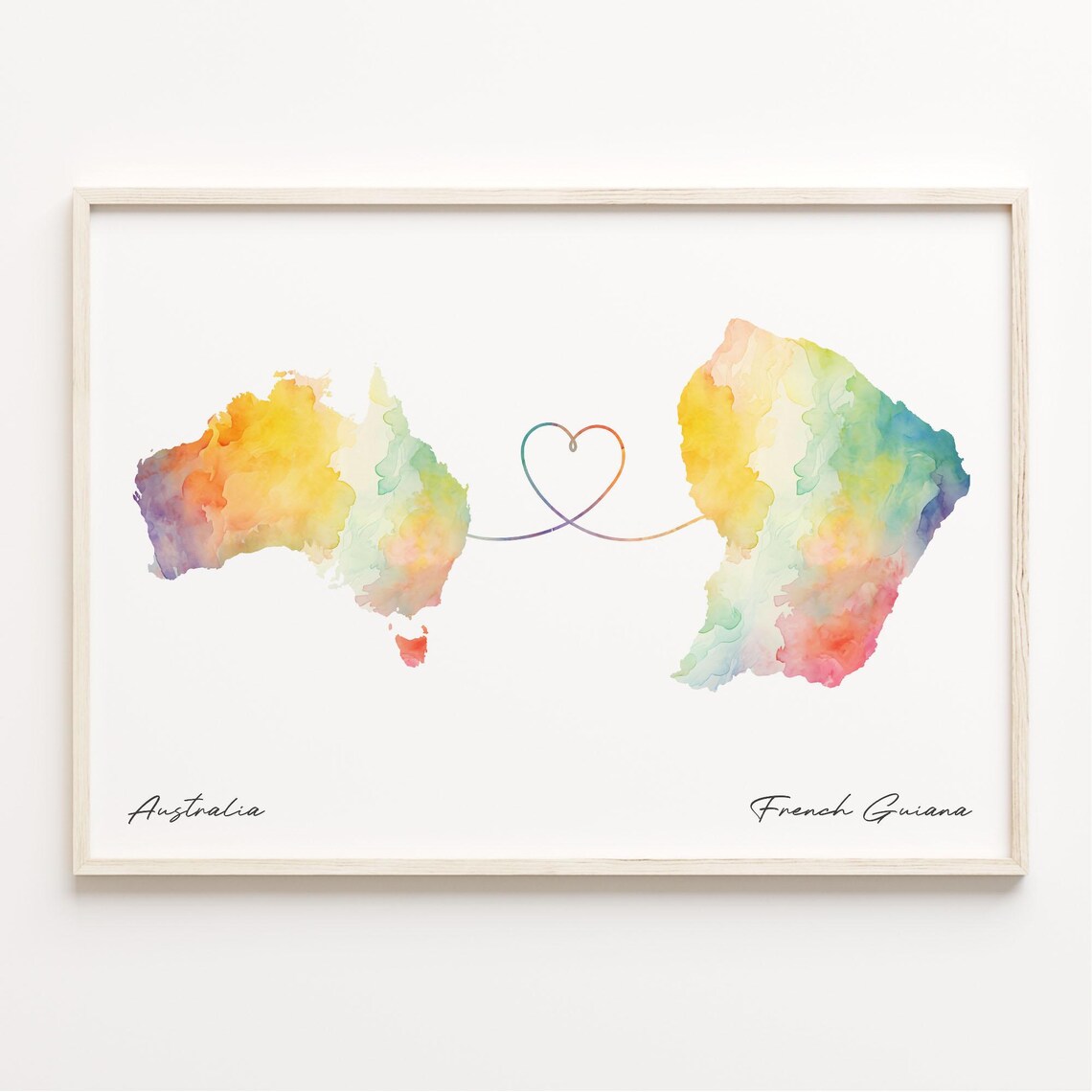 Australia To French Guiana Watercolor Map Heart Long Distance Poster