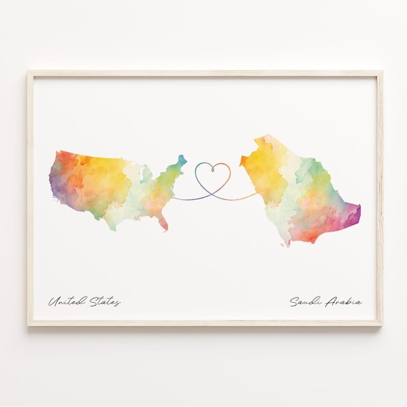 United States to Saudi Arabia Heart Line Watercolor Map Love Art Print