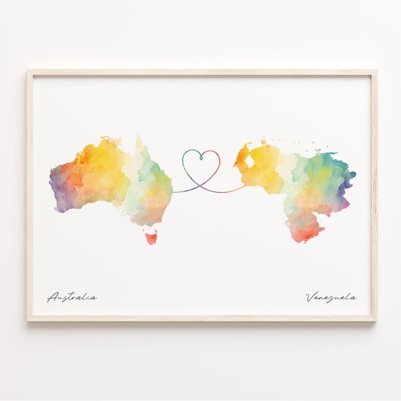 Australia to Venezuela Long Distance Love Watercolor Map Wall Art