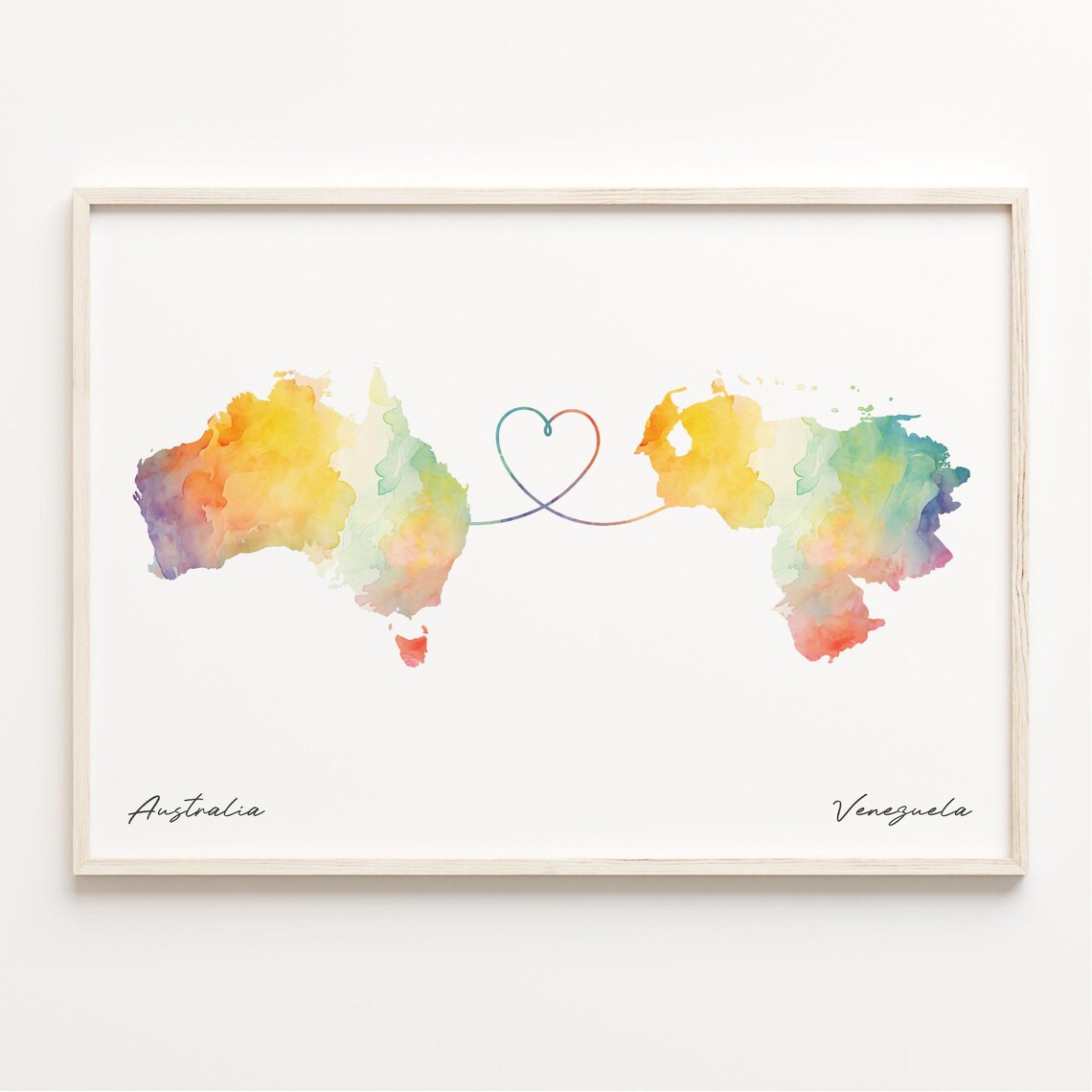 Australia to Venezuela Long Distance Love Watercolor Map Wall Art