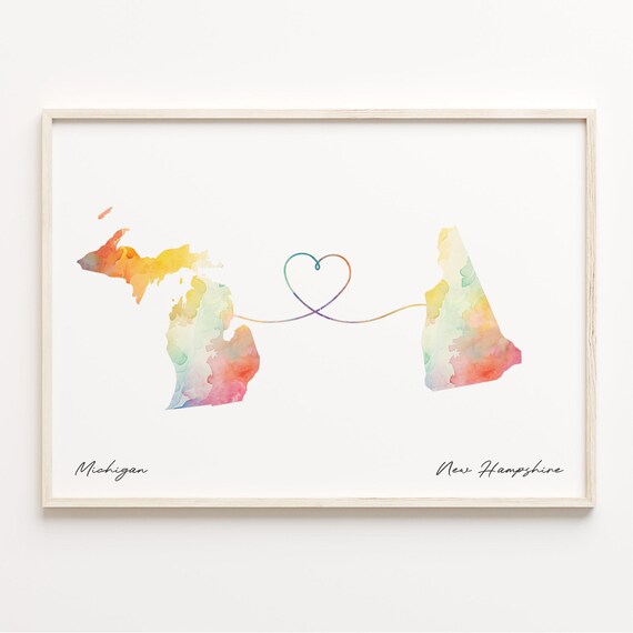 Michigan To New Hampshire Watercolor Heart Map Long Distance Poster