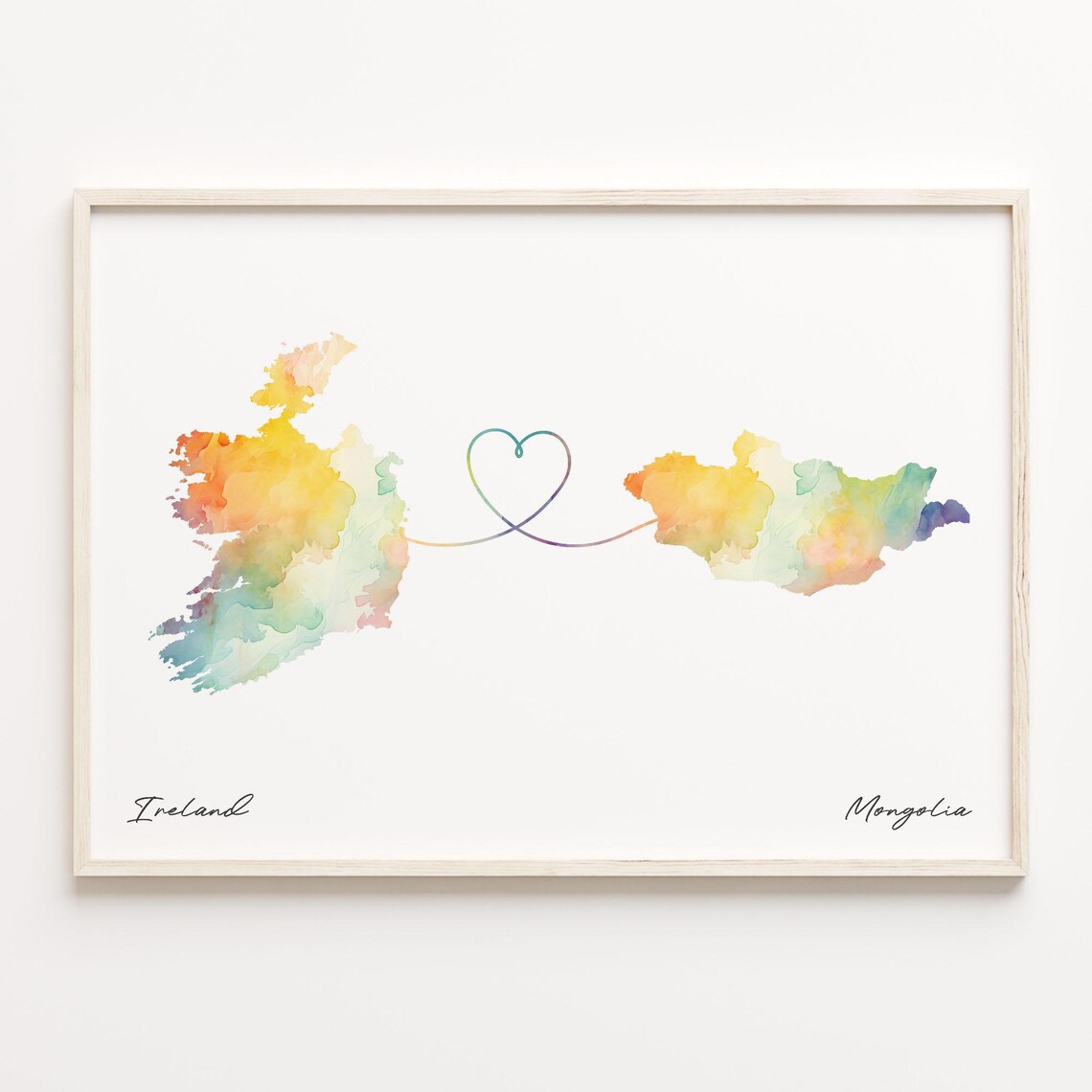 Romantic Ireland And Mongolia Watercolor Map Heart Ribbon Art Poster