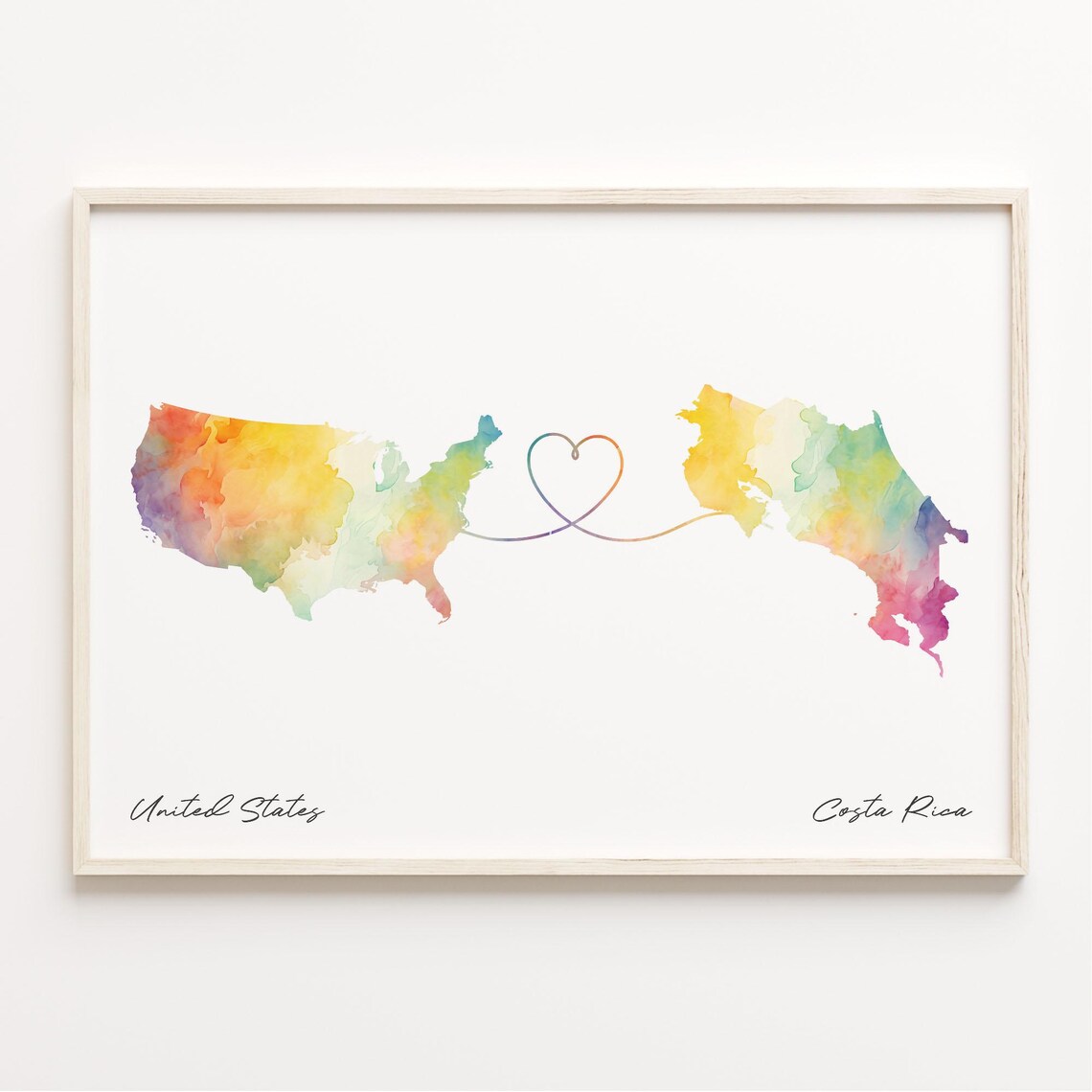 United States to Costa Rica Watercolor Map Heart Travel Poster