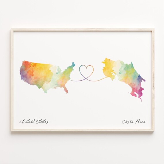 United States to Costa Rica Watercolor Map Heart Travel Poster