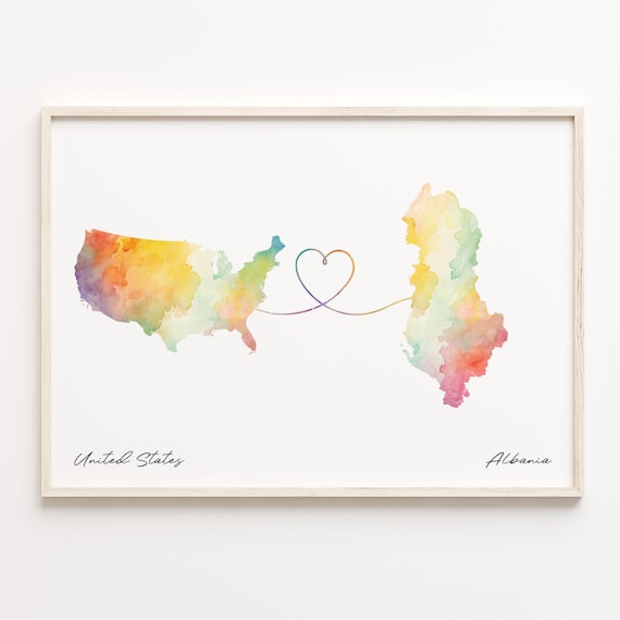 United States to Albania Watercolor Map with Heart Connection Line Art Print