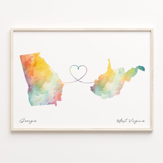 Georgia to West Virginia Watercolor Heart Map Long Distance Love Print