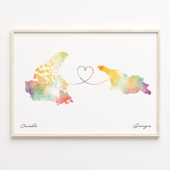 Canada To Georgia Watercolor Heart Connection Map Keepsake Poster