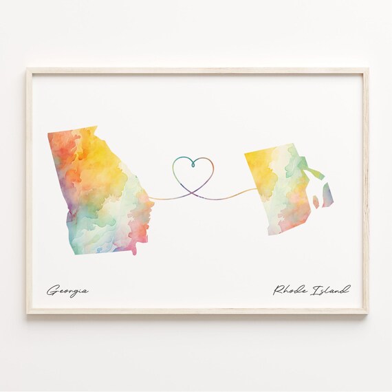 Georgia to Rhode Island Watercolor Map Heart Long Distance Love Poster